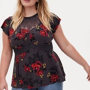 Dark Slate Grey Floral Studio Knit & Lace Mock Neck Peplum Blouse